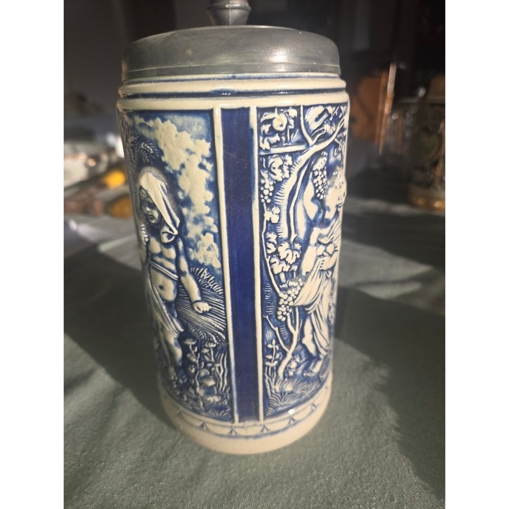 Vintage Gerzit Gerz West Germany Beer Stein Lidded Blue Salt Glazed Relief 7in